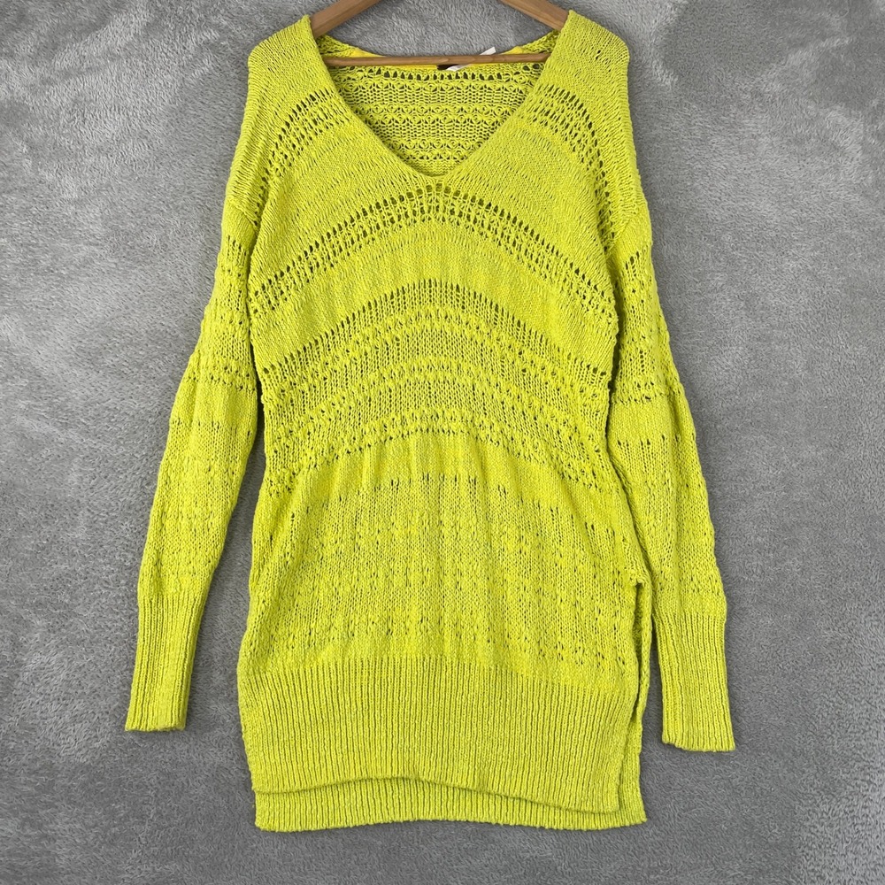 Free People Hot Tropics Sweater Womens XS Green Pointelle Open Knit Tunic Slit